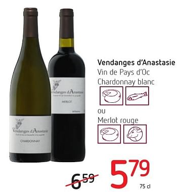 Promotions Vendanges d`anastasie vin de pays d`oc chardonnay blanc - Vins blancs - Valide de 01/12/2016 à 14/12/2016 chez Spar (Colruytgroup)