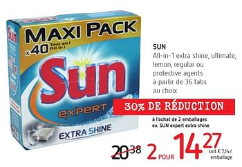 Promotions Sun all-in-1 extra shine, ultimate, lemon, regular ou protective agents - Sun - Valide de 01/12/2016 à 14/12/2016 chez Spar (Colruytgroup)