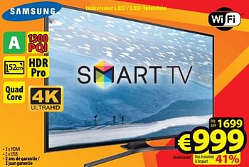 Promotions Samsung téléviseur led - led-televisie ue60ku6000 - Samsung - Valide de 28/11/2016 à 31/12/2016 chez ElectroStock