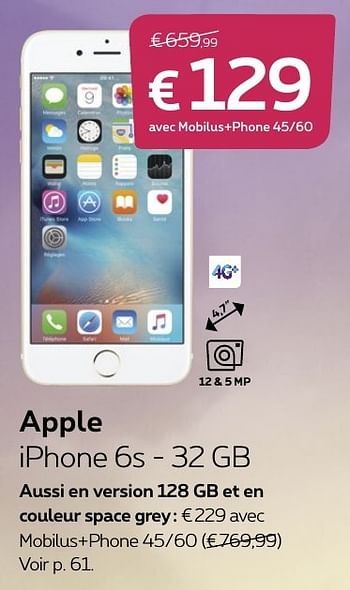 Promotions Apple iphone 6s-32gb - Apple - Valide de 14/11/2016 à 31/01/2017 chez Proximus