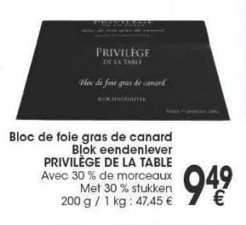 Promotions Bloc de foie gras de canard blok eendenlever privilege de la table - Privilège de la Table - Valide de 29/11/2016 à 12/12/2016 chez Cora