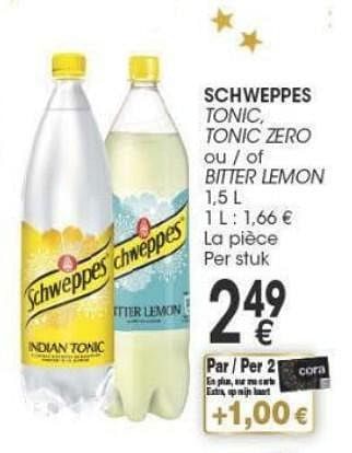 Promotions Schweppes tonic, tonic zero ou/of bitter lemon - Schweppes - Valide de 29/11/2016 à 12/12/2016 chez Cora
