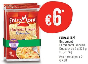 Promoties Fromage râpé entremont - Entre Mont - Geldig van 23/11/2016 tot 30/11/2016 bij Delhaize