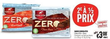 Promoties Barres chocolatées côte d`or - zero - Cote D'Or - Geldig van 23/11/2016 tot 30/11/2016 bij Delhaize
