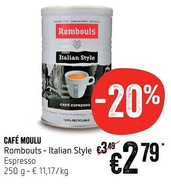 Promotions Café moulu rombouts - italian style espresso - Rombouts - Valide de 23/11/2016 à 30/11/2016 chez Delhaize