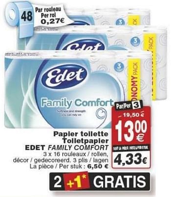 Promoties Papier toilette toiletpapier edet family comfort - Edet - Geldig van 29/11/2016 tot 05/12/2016 bij Cora