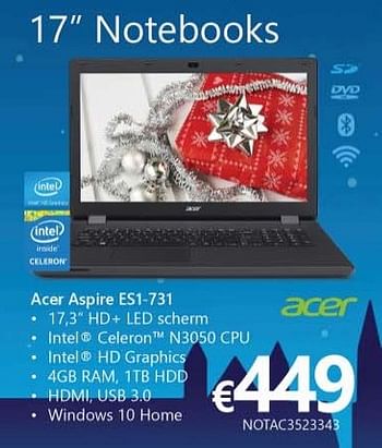 Promoties Acer notebook aspire es1-731 - Acer - Geldig van 25/11/2016 tot 31/12/2016 bij Compudeals
