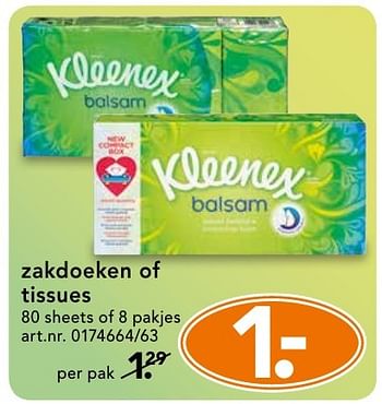Promotions Zakdoeken of tissues - Kleenex - Valide de 28/11/2016 à 31/12/2016 chez Blokker