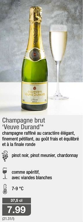 Promoties Champagne brut `veuve durand` - Champagne - Geldig van 30/11/2016 tot 06/12/2016 bij Aldi