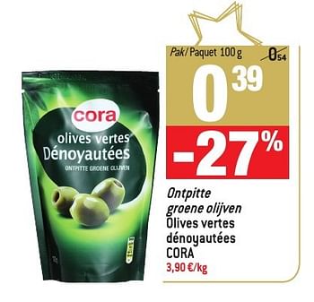 Promotions Ontpitte groene olijven olives vertes dénoyautées cora - Cora - Valide de 30/11/2016 à 03/01/2017 chez Match