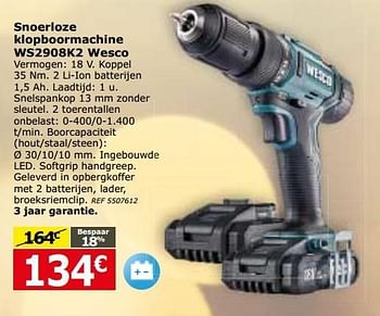 Promoties Snoerloze klopboormachine ws2908k2 wesco - Wesco - Geldig van 13/12/2016 tot 03/01/2017 bij BricoPlanit