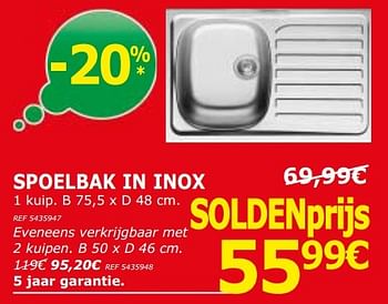 Promoties Spoelbak in inox - Huismerk - BricoPlanit - Geldig van 03/01/2017 tot 23/01/2017 bij BricoPlanit