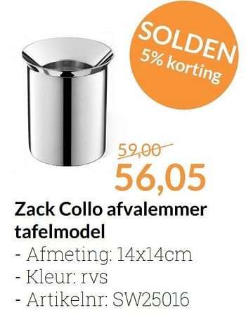 Promoties Zack collo afvalemmer tafelmodel - Zack - Geldig van 01/01/2017 tot 31/01/2017 bij Sanitairwinkel