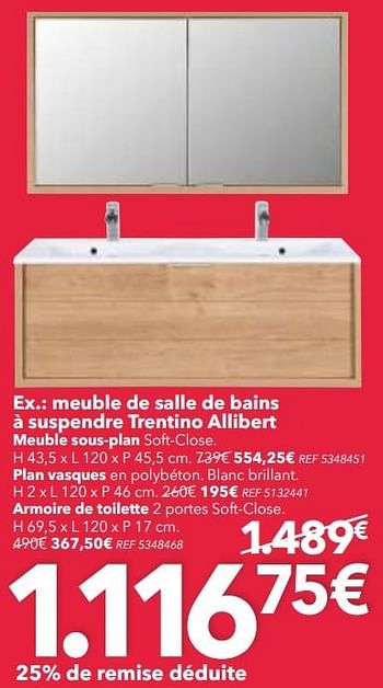 Promotions Meuble de salle de bains à suspendre trentino allibert - Allibert - Valide de 21/02/2017 à 06/03/2017 chez BricoPlanit