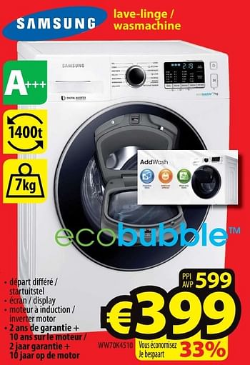 Promoties Samsung lave-linge - wasmachine ww70k4510 - Samsung - Geldig van 01/03/2017 tot 31/03/2017 bij ElectroStock