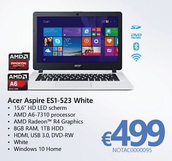 Promoties Acer notebook aspire es1-es1-523 white - Acer - Geldig van 01/03/2017 tot 07/04/2017 bij Compudeals