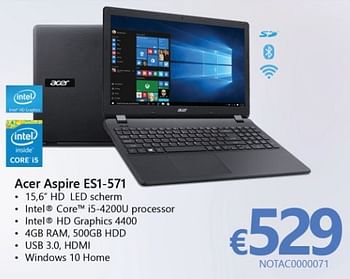 Promoties Acer notebook aspire es1-571 - Acer - Geldig van 01/03/2017 tot 07/04/2017 bij Compudeals