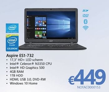 Promoties Acer notebook aspire es1-732 - Acer - Geldig van 01/03/2017 tot 07/04/2017 bij Compudeals