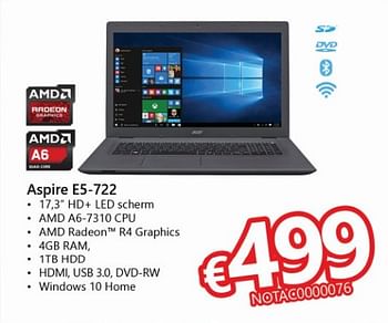 Promoties Acer notebook aspire e5-722 - Acer - Geldig van 01/03/2017 tot 07/04/2017 bij Compudeals