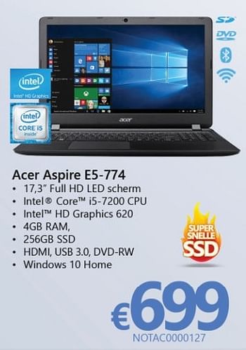 Promoties Acer notebook aspire e5-774 - Acer - Geldig van 01/03/2017 tot 07/04/2017 bij Compudeals