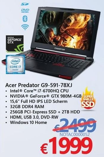 Promoties Acer gaming notebook predator g9-591-78xj - Acer - Geldig van 01/03/2017 tot 07/04/2017 bij Compudeals
