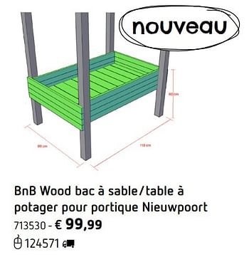 Promoties Bnb wood bac à sable-table à potager pour portique nieuwpoort - BNB Wood - Geldig van 08/03/2017 tot 25/09/2017 bij Dreamland