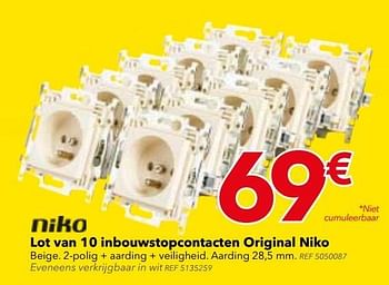 Promoties Lot van 10 inbouwstopcontacten original niko - Niko - Geldig van 28/03/2017 tot 10/04/2017 bij BricoPlanit