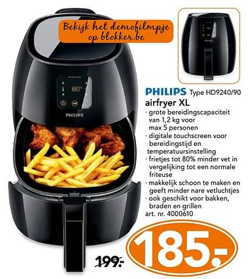 Stiptheid rand Houden Philips Philips airfryer xl hd9240-90 - Promotie bij Blokker