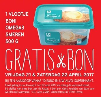 Promotions 1 vlootje boni omega3 smeren gratis bon vrijdag 21 + zaterdag 22 april 2017 - Boni - Valide de 19/04/2017 à 22/04/2017 chez Alvo