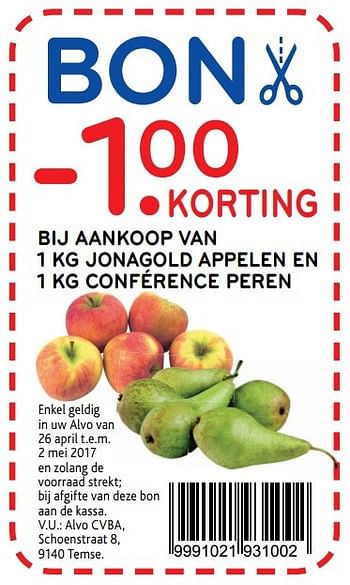 Promoties -1.00 korting bij aankoop van 1 kg jonagold appelen en 1 kg conférence peren - Huismerk - Alvo - Geldig van 26/04/2017 tot 02/05/2017 bij Alvo