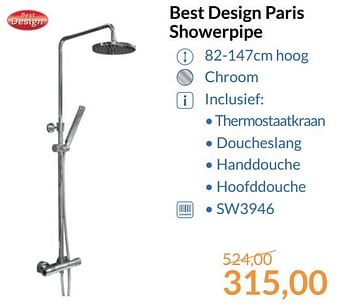Promoties Best design paris showerpipe - Design - Geldig van 01/05/2017 tot 31/05/2017 bij Sanitairwinkel