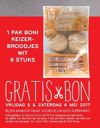 Promotions Boni keizerbroodjes wit - Boni - Valide de 03/05/2017 à 16/05/2017 chez Alvo