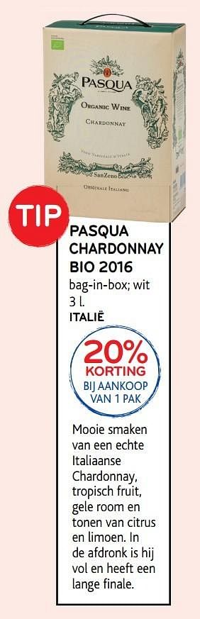 Promoties Pasqua chardonnay bio 2016 - Witte wijnen - Geldig van 03/05/2017 tot 16/05/2017 bij Alvo