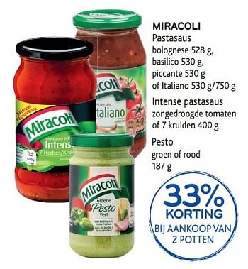 Promoties 33% korting bij aankoop van 2 potten miracoli  pastasaus - Miracoli - Geldig van 17/05/2017 tot 30/05/2017 bij Alvo