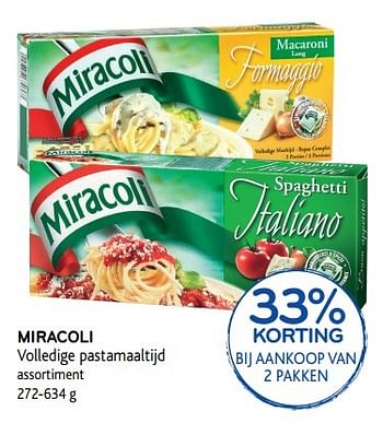 Promotions Miracoli  volledige pastamaaltijd 33% korting bij aankoop van 2 pakken - Miracoli - Valide de 17/05/2017 à 30/05/2017 chez Alvo