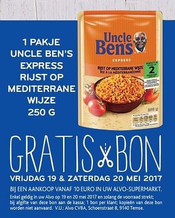 Promotions 1 pakje uncle ben`s express rijst op mediterrane wijze gratis - Uncle Ben's - Valide de 17/05/2017 à 30/05/2017 chez Alvo