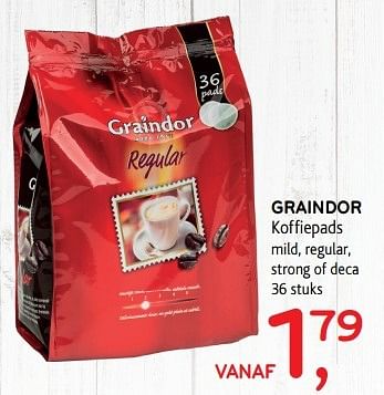 Promoties Graindor koffiepads mild, regular, strong of deca - Graindor - Geldig van 17/05/2017 tot 30/05/2017 bij Alvo