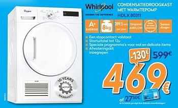 Promoties Whirlpool condensatiedroogkast met warmtepomp hdlx 80311 - Whirlpool - Geldig van 26/05/2017 tot 25/06/2017 bij Krefel