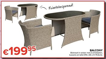 Promoties Balcony bistroset in wicker met 2 armstoelen, kussens en tafel - Huismerk - Euroshop - Geldig van 26/05/2017 tot 19/06/2017 bij Euro Shop