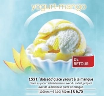 Promotions Dolcedo glace yaourt à la mangue - Produit maison - Bofrost - Valide de 01/03/2017 à 31/08/2017 chez Bofrost