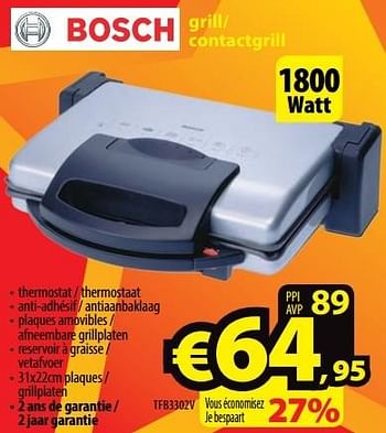 Promotions Bosch grill- contactgrill tfb3302v - Bosch - Valide de 18/05/2017 à 30/06/2017 chez ElectroStock