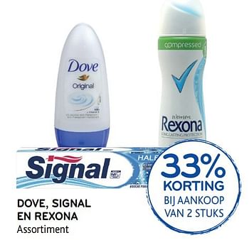 Promoties Dove, signal en rexona 33% korting bij aankoop van 2 stuks - Huismerk - Alvo - Geldig van 31/05/2017 tot 13/06/2017 bij Alvo