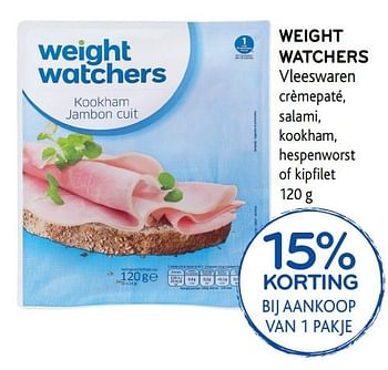 Promotions Weight watchers vleeswaren crèmepaté, salami, kookham, hespenworst of kipfilet - Weight Watchers - Valide de 31/05/2017 à 13/06/2017 chez Alvo