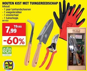 Promotions Houten kist met tuingereedschap - AVR - Valide de 14/06/2017 à 26/06/2017 chez Hubo