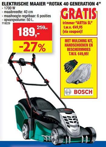 Promoties Bosch elektrische maaier rotak 40 generation 4 - Bosch - Geldig van 14/06/2017 tot 26/06/2017 bij Hubo
