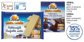 Promotions Céréal repen gluten- en lactosevrij; kokos of praliné 15% korting - Céréal - Valide de 14/06/2017 à 27/06/2017 chez Alvo