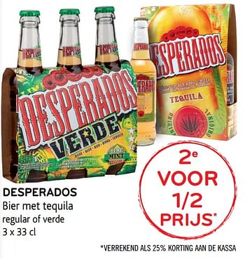 Promotions 2e voor 1-2 prijs desperados bier met tequila regular of verde - Desperados - Valide de 14/06/2017 à 27/06/2017 chez Alvo