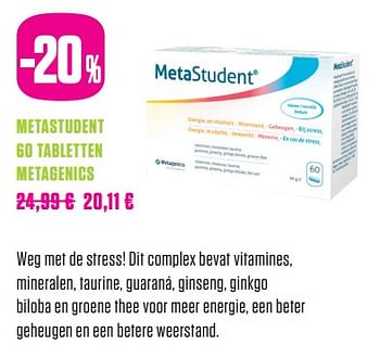 Promoties Metastudent 60 tabletten metagenics - Metagenics - Geldig van 01/06/2017 tot 31/07/2017 bij Medi-Market