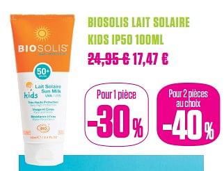 Promotions Biosolis lait solaire kids ip50 - Biosolis - Valide de 01/06/2017 à 31/07/2017 chez Medi-Market