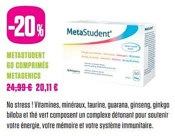 Promotions Metastudent 60 comprimés metagenics - Metagenics - Valide de 01/06/2017 à 31/07/2017 chez Medi-Market
